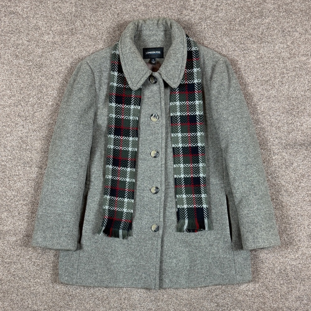London Fog Grey Wool Blend Short Single Breasted Pea Coat Women’s 16 Plaid Scarf